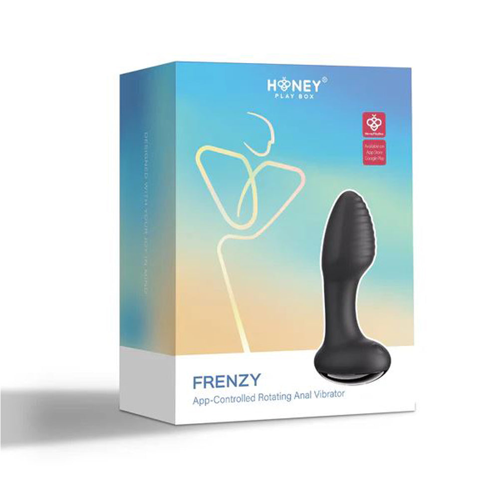 A black app-controlled rotating anal vibrator on a product box.