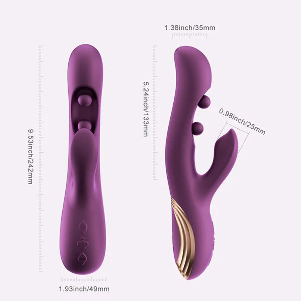 Purple app-controlled twin rabbit vibrator with pressure sensing and dimensions.