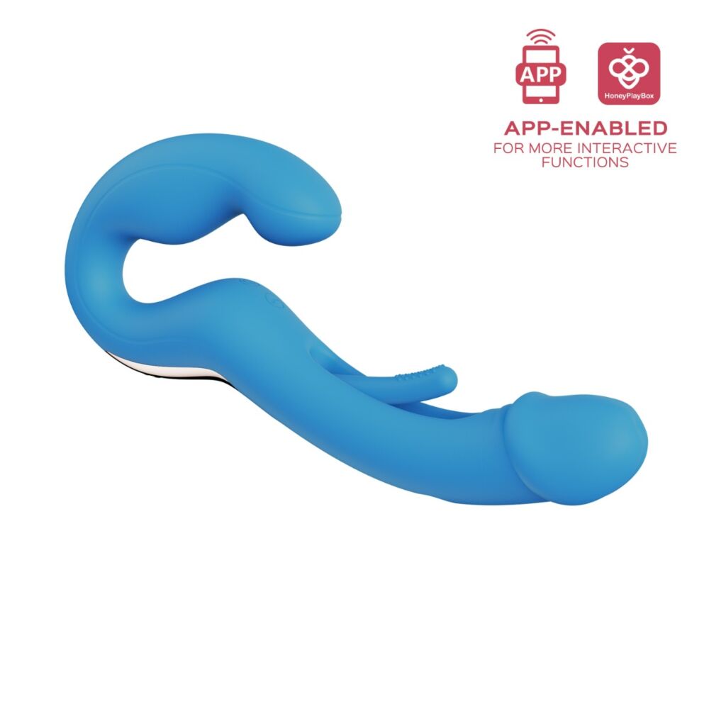 A blue app-enabled G-spot vibrator with a curved shaft and a finger-like extension.