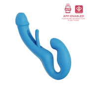 Blue app-enabled strapless vibrator with curved G-spot shaft and finger-like extension.