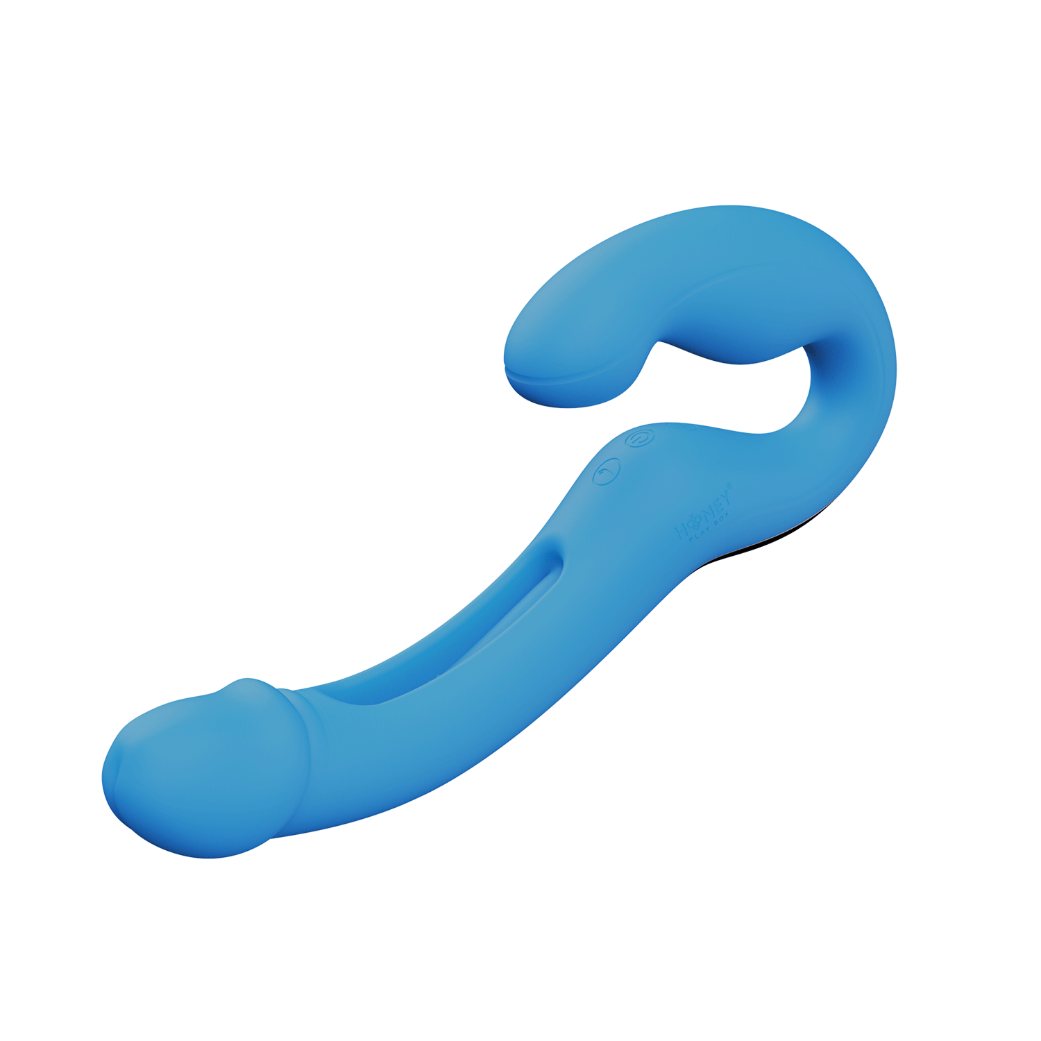 Blue strapless vibrator with curved G-spot shaft and finger-like extension.