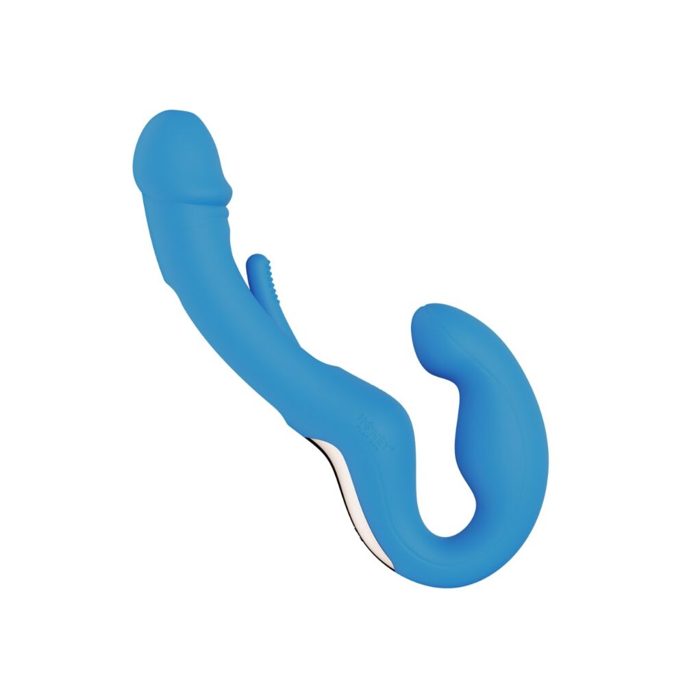 A blue strapless G-spot vibrator with a curved shaft and a finger-like extension.