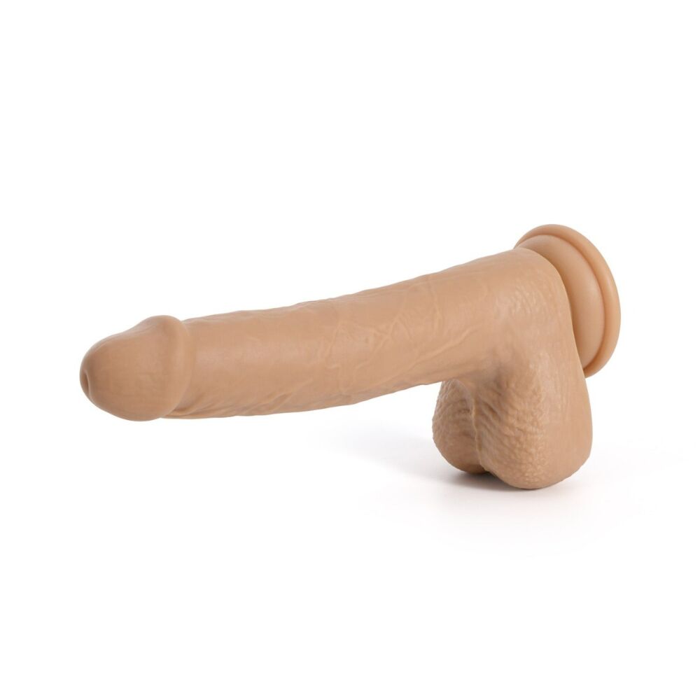 3-in-1 thrusting and rotating silicone dildo in tan with suction base and remote.