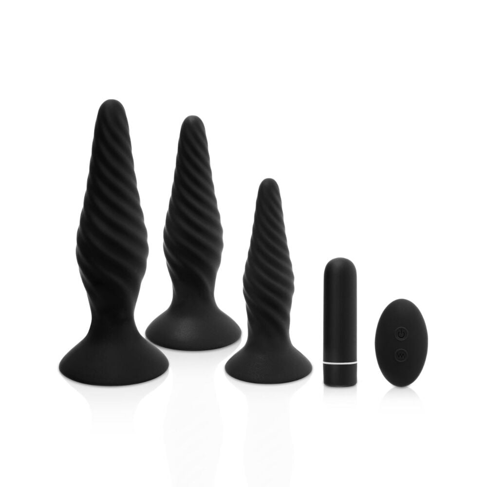 Black anal plugs and vibrator set with remote.