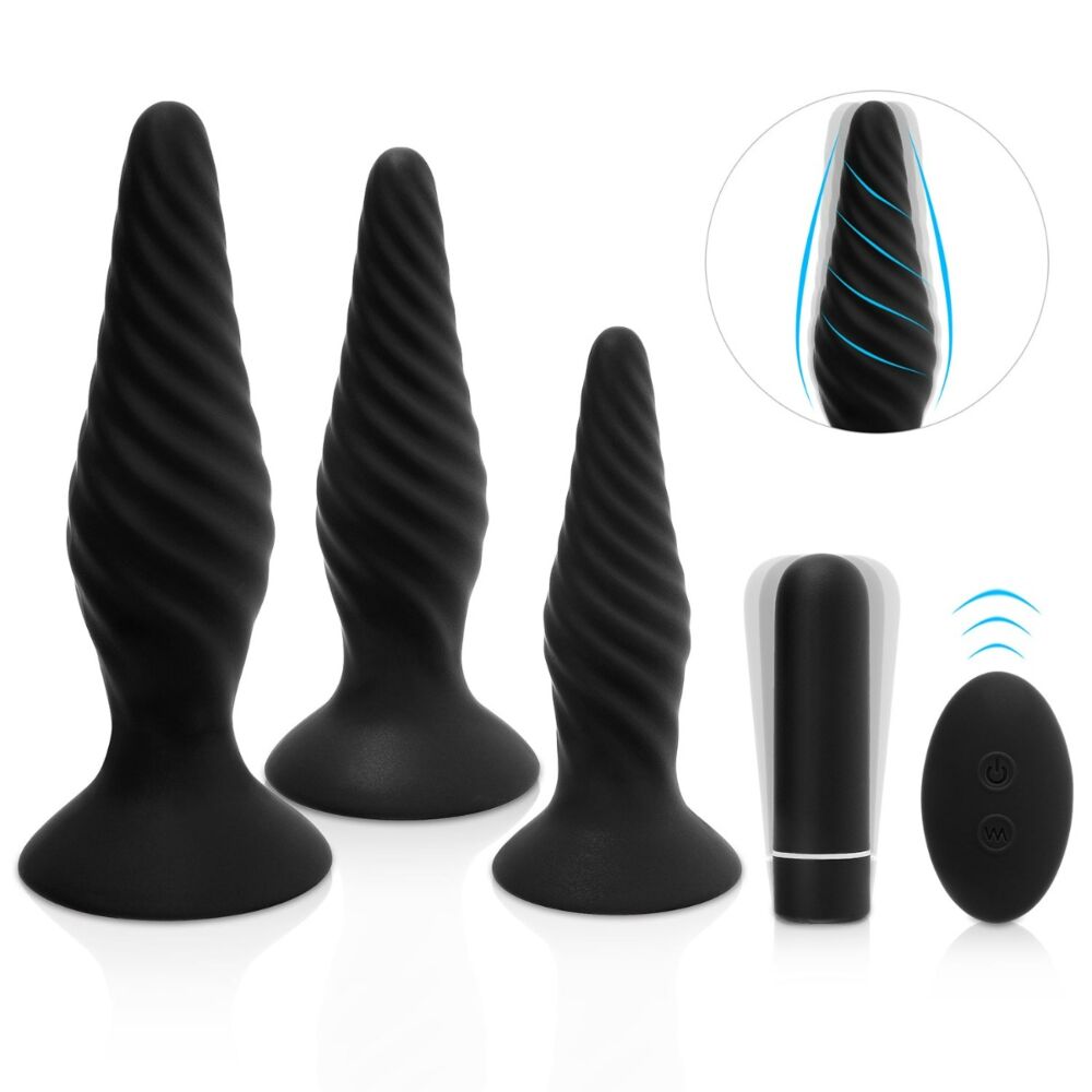 Three black ribbed anal plugs, a bullet vibrator, and a remote control.