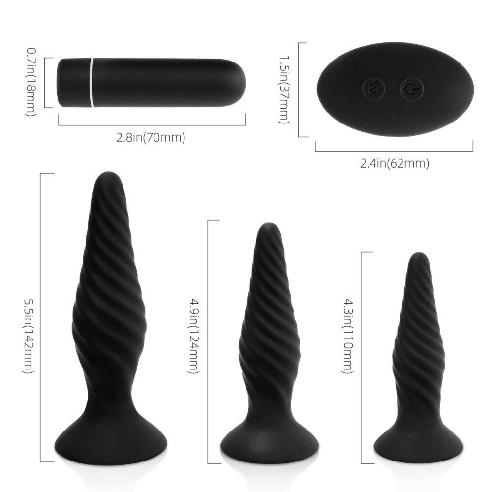 A black anal plug set with a remote vibrator and three graduated plugs.