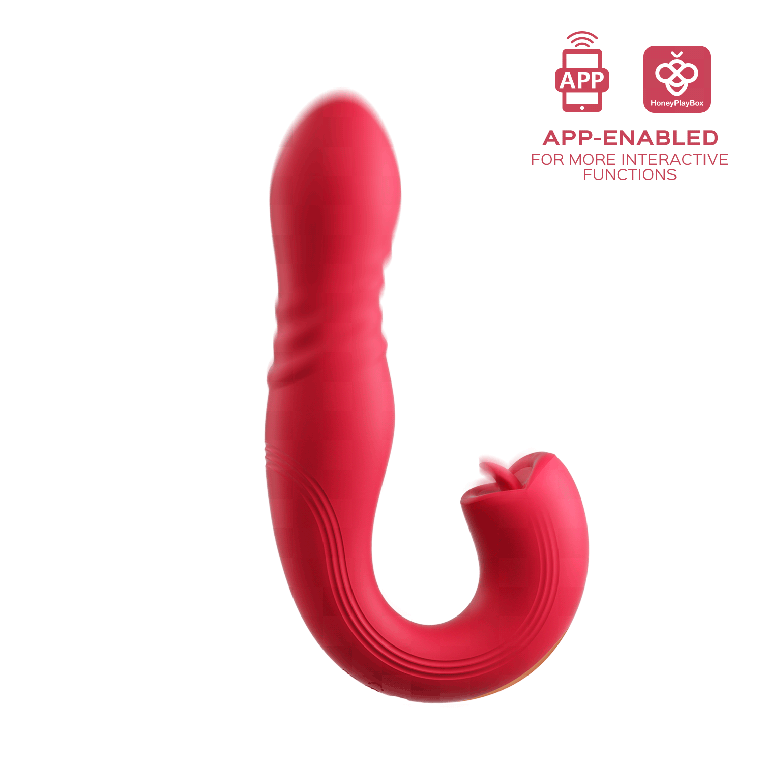 Red app-controlled vibrator with thrusting and licking functions for G-spot and clitoral stimulation.
