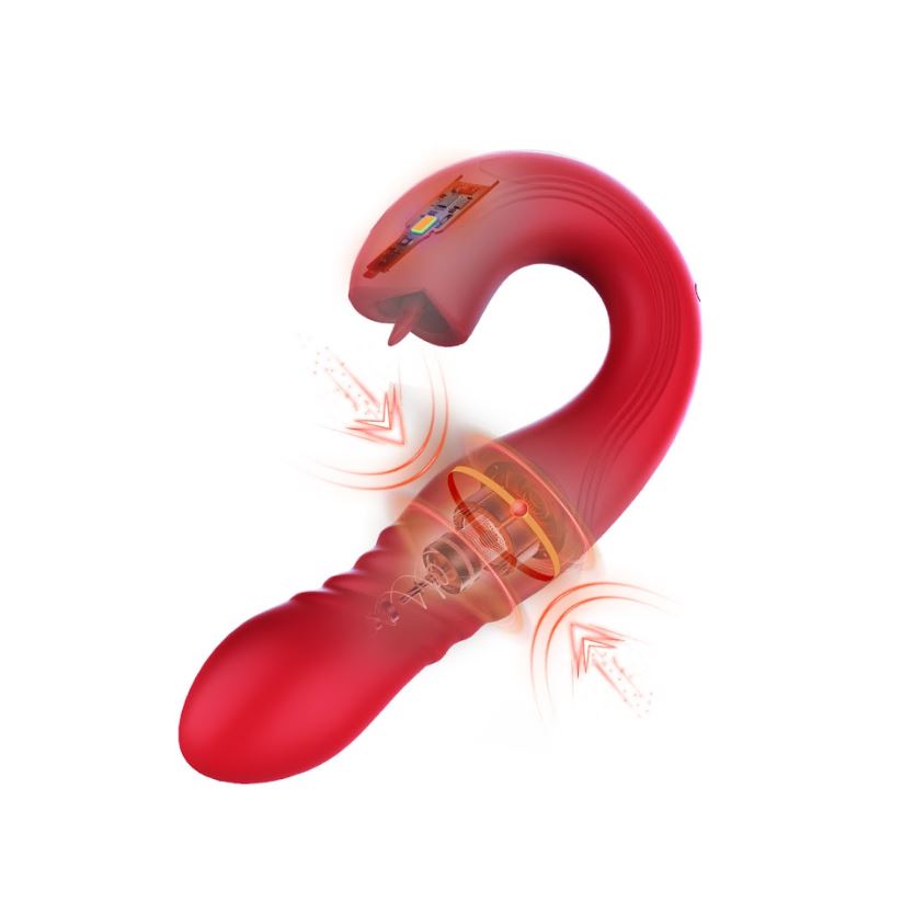 Red app-controlled vibrator with internal mechanism and arrows indicating stimulation.