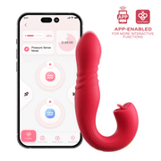 Red app-controlled vibrator with thrusting and licking functions, shown with smartphone interface.
