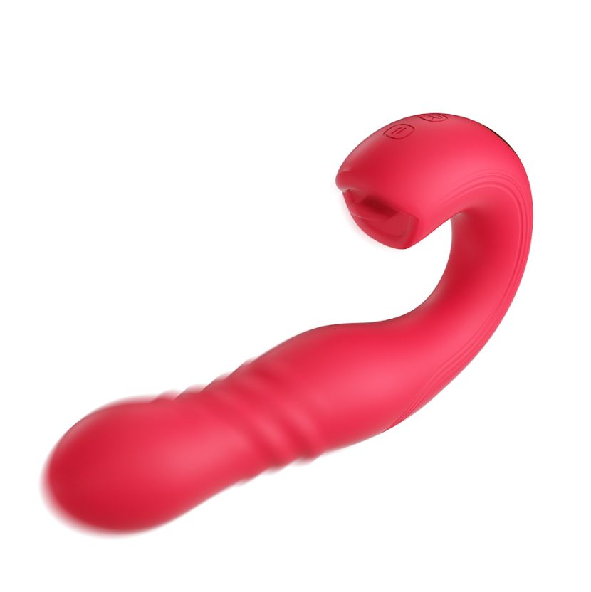 A pink, curved vibrator with two buttons on the head.