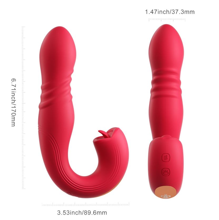 Red app-controlled vibrator with dual stimulation features and measurements.