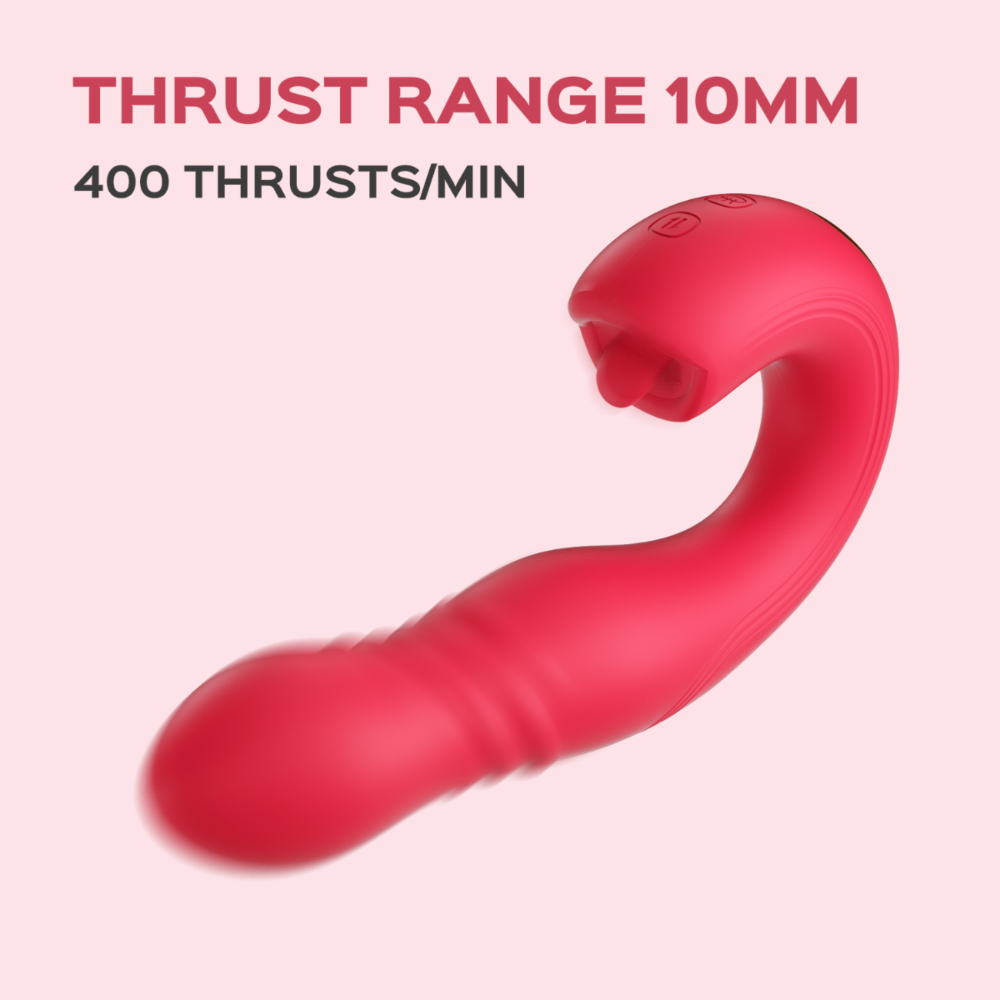 Red app-controlled vibrator with text indicating thrust range and speed.