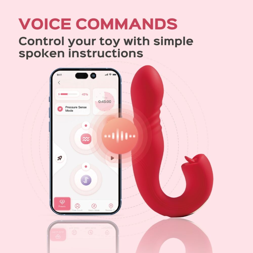 A red app-controlled vibrator with a phone displaying its interface.