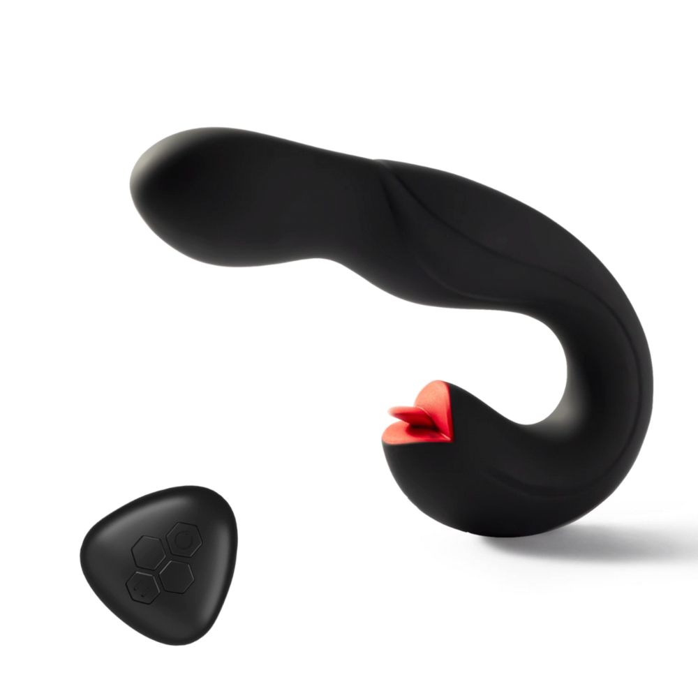 Black rotating G-spot vibrator with red clitoral stimulator and remote.