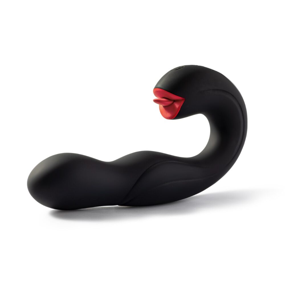 Black swan-shaped vibrator with red lips and a curved body.