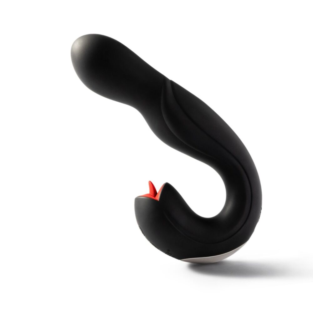 Black curved vibrator with red clitoral stimulator and silver base.