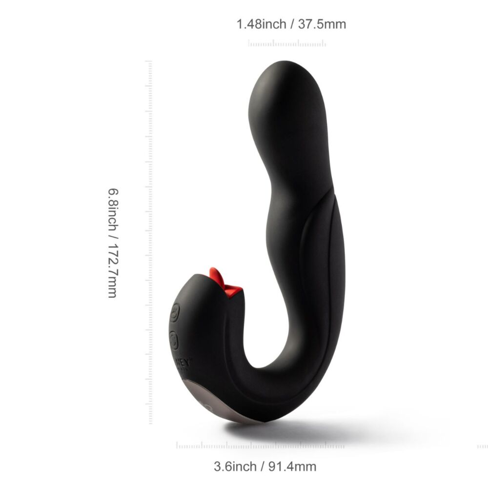 Black rotating G-spot vibrator with clitoral stimulator and measurements.