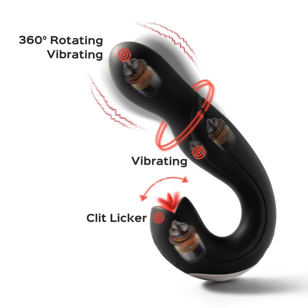 Black vibrator with rotating head and clit licker attachment.