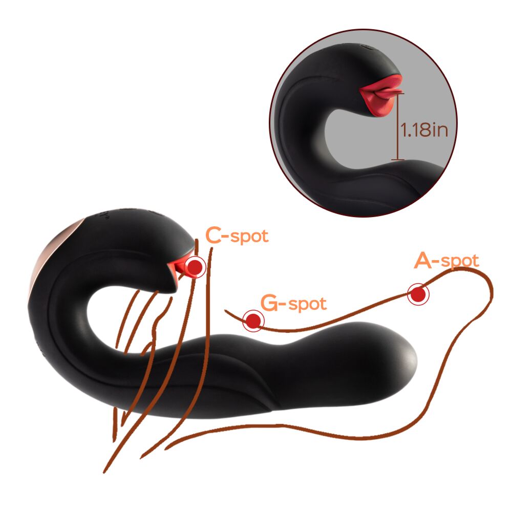 Black swan-shaped vibrator with labeled G-spot, C-spot, and A-spot.