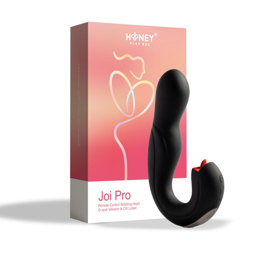 Black remote control rotating G-spot vibrator and clit licker with a pink and orange box.