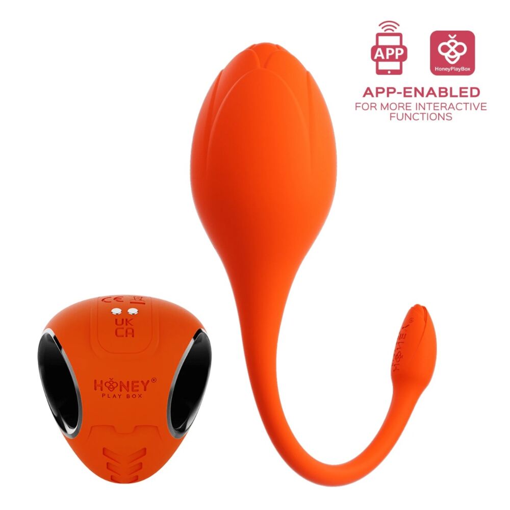 Orange app-controlled silicone egg vibrator with a remote and a curved tail.