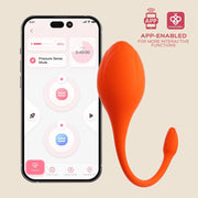 An orange Lili app-controlled egg vibrator with a curved tail, shown next to a smartphone app interface.