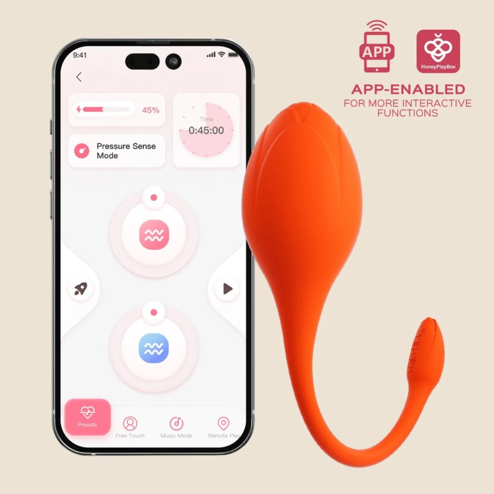 An orange Lili app-controlled egg vibrator with a curved tail, shown next to a smartphone app interface.
