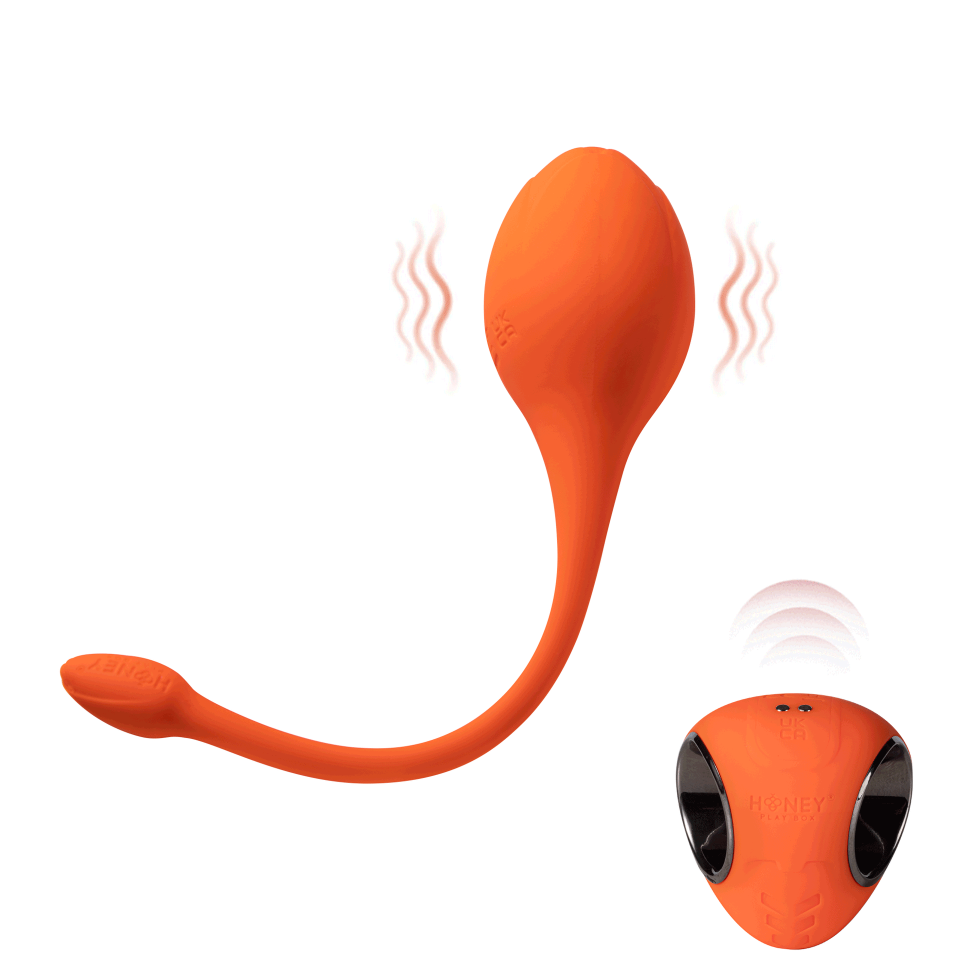 Orange app-controlled egg vibrator with tail and remote control.