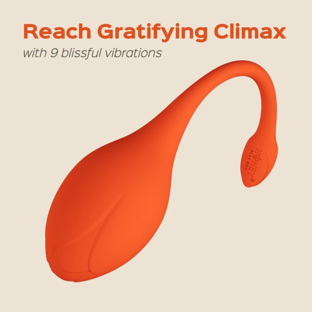 Orange egg vibrator with a curved tail, featuring the Honey Play Box logo.