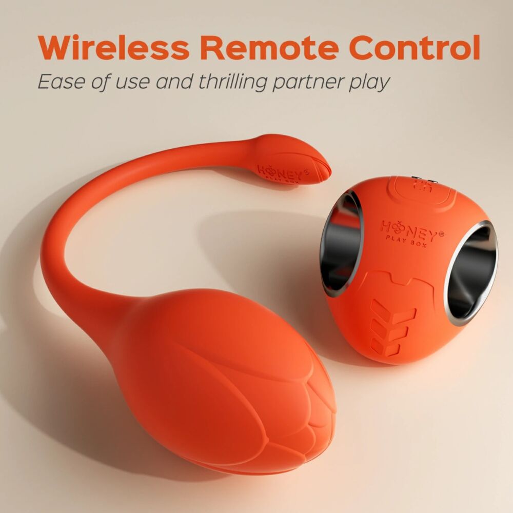 Orange app-controlled egg vibrator with a remote control ball.