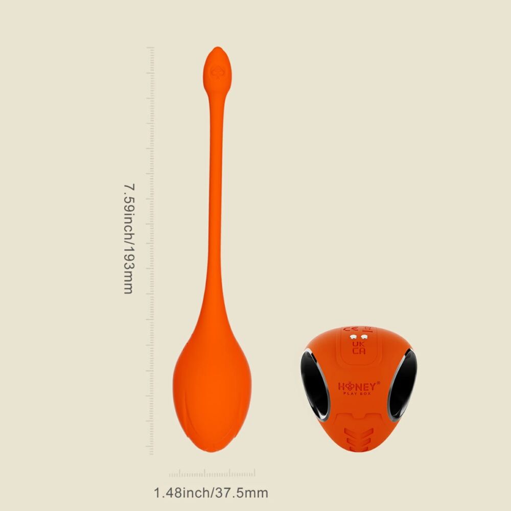 Orange app-controlled egg vibrator with a remote control.