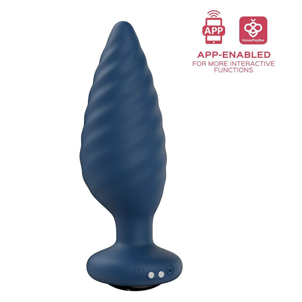 App-controlled rotating vibrating anal plug in blue with a swirled shaft.