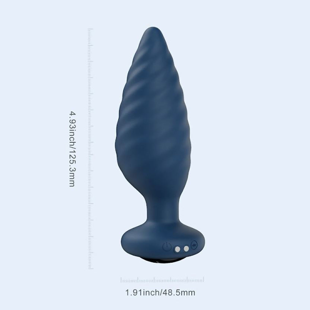 Blue app-controlled vibrating anal plug with a swirled shaft.