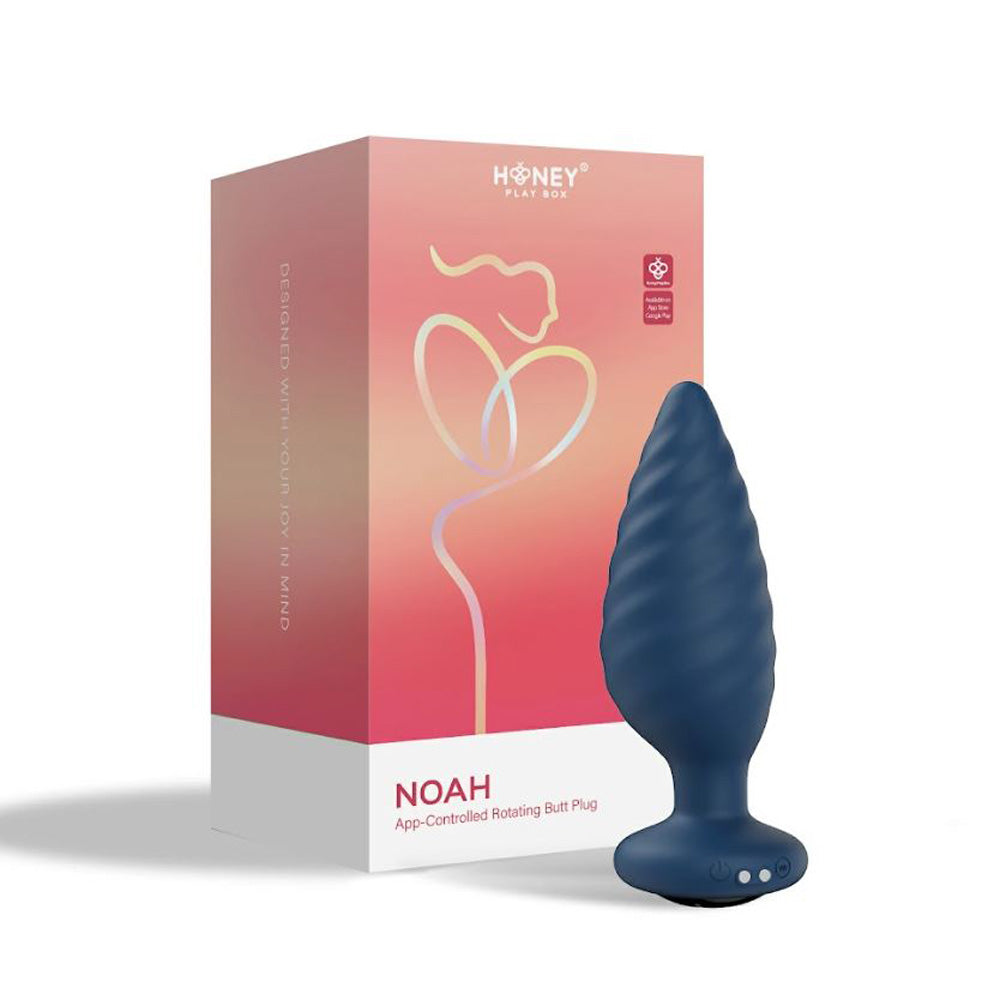 A blue ribbed anal plug with a flared base sits next to its pink and orange box.