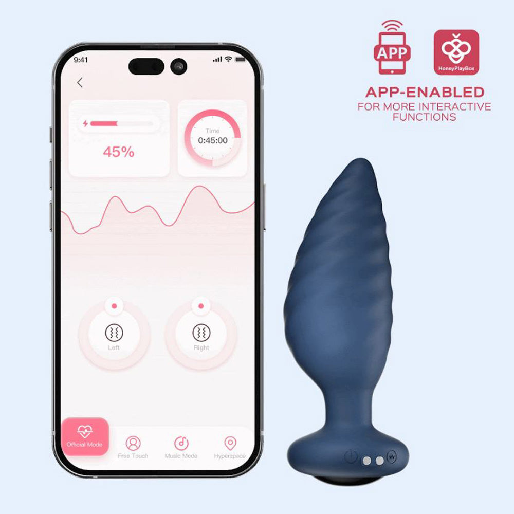 App-controlled rotating vibrating anal plug with a swirled shaft.