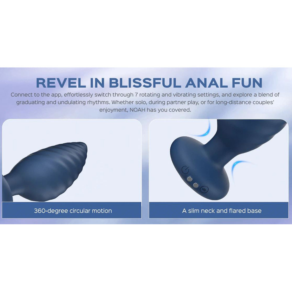 A dark blue anal plug with a swirled shaft and a flared base, shown with text about app control and 360-degree motion.