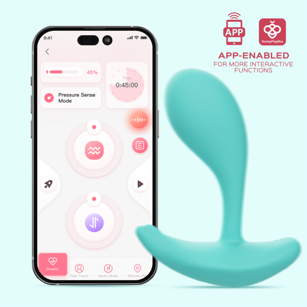 App-controlled wearable vibrator with a phone interface showing modes and timer.