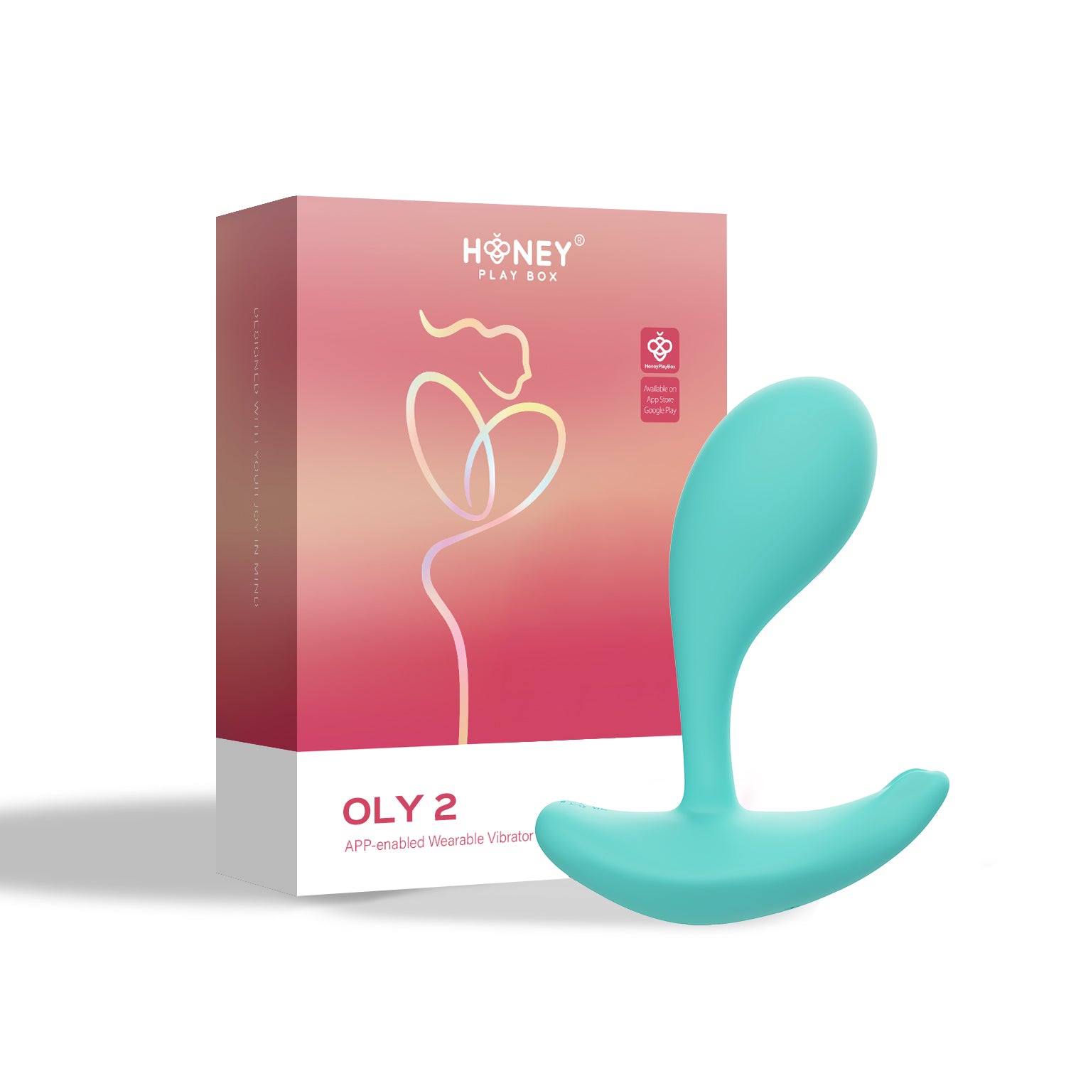 A teal wearable vibrator with a curved design, next to its pink and white box.