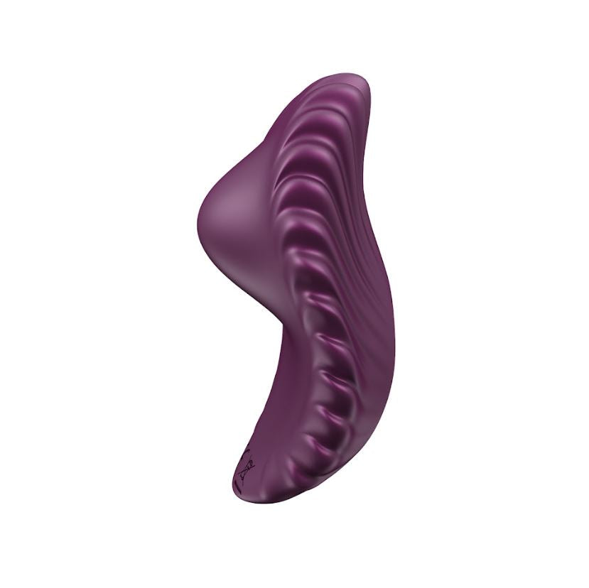 Purple app-enabled magnetic panty vibrator with a textured surface.