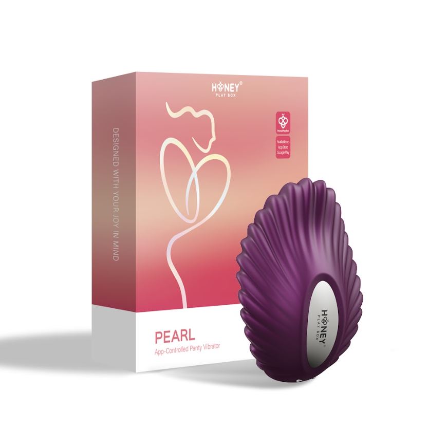 A purple shell-shaped app-controlled panty vibrator with the Honey Play Box logo.