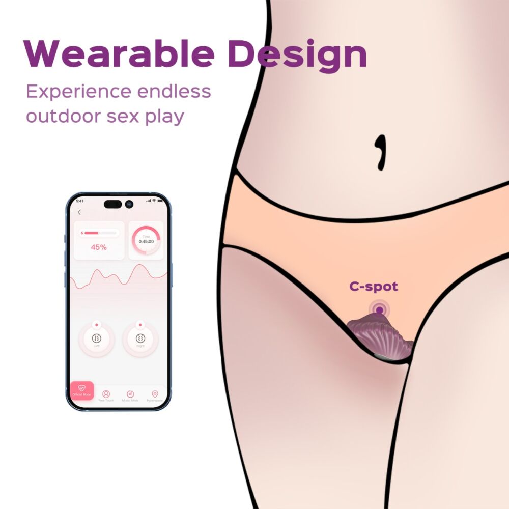 App-controlled magnetic panty vibrator with a phone interface showing battery and timer.