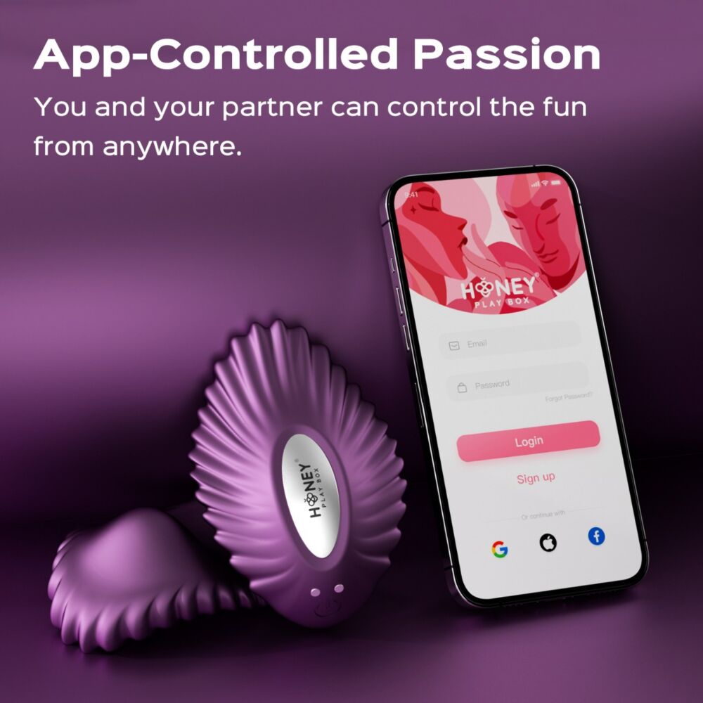 App-enabled magnetic panty vibrator in purple with a smartphone displaying the Honey Play Box app.
