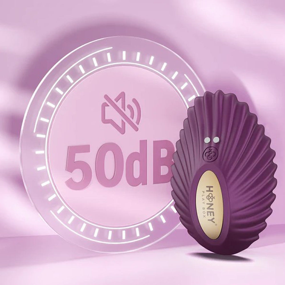Purple app-controlled panty vibrator with a 50 decibel noise level indicator.
