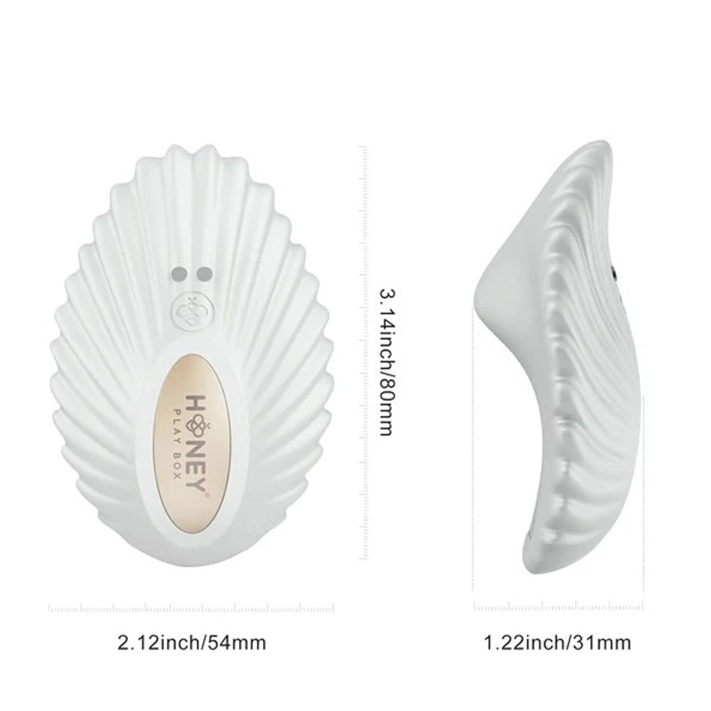 White shell-shaped app-controlled panty vibrator with dimensions.