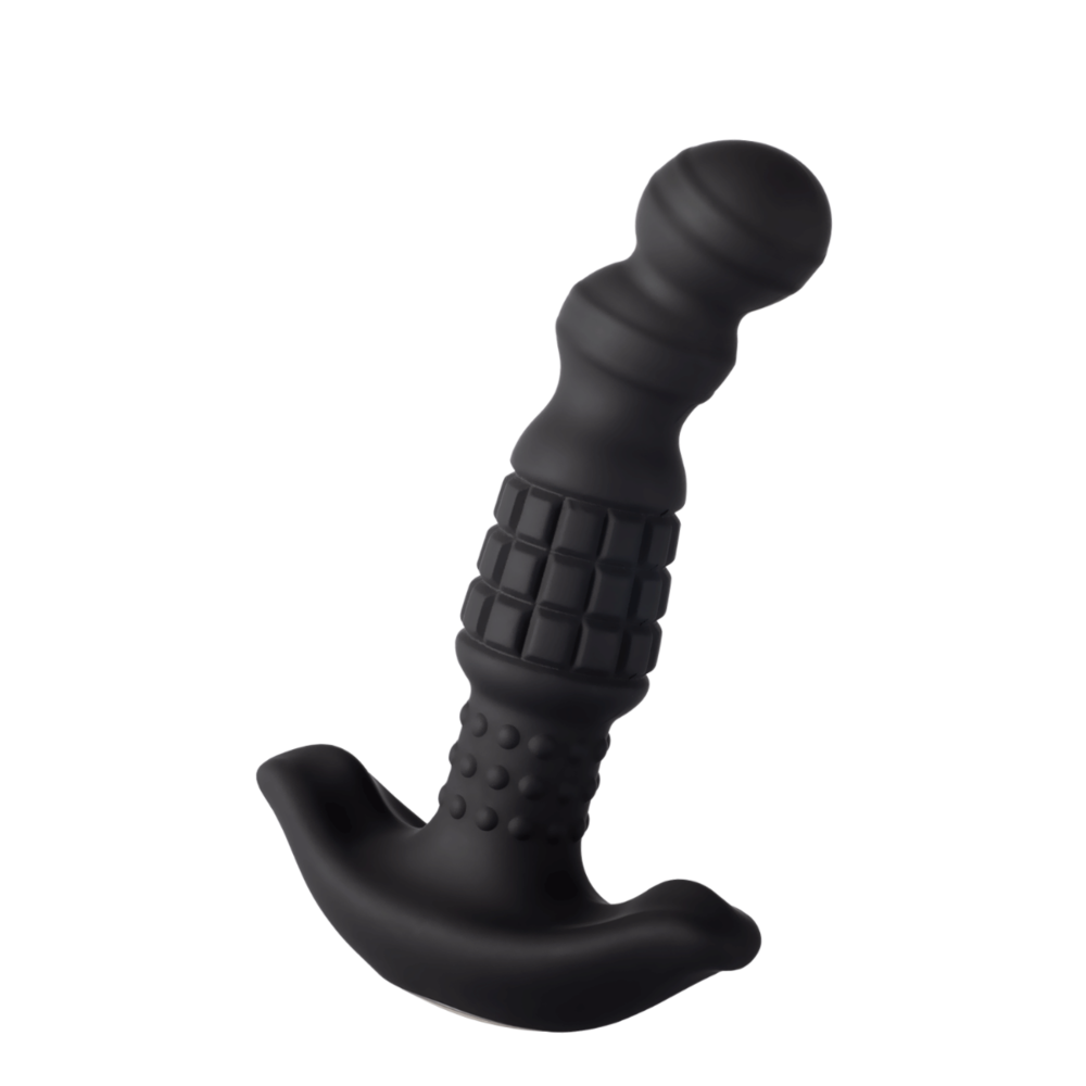 Black silicone rolling bead prostate massager with curved head, flared base, and remote.