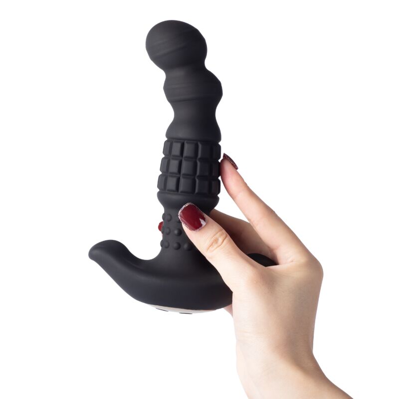 Black rolling bead prostate massager with a textured handle and flared base.