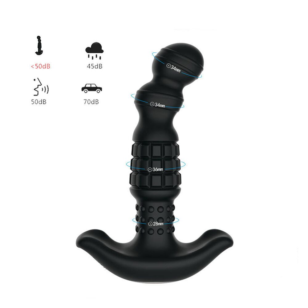 Black prostate massager with rolling beads and size indicators.