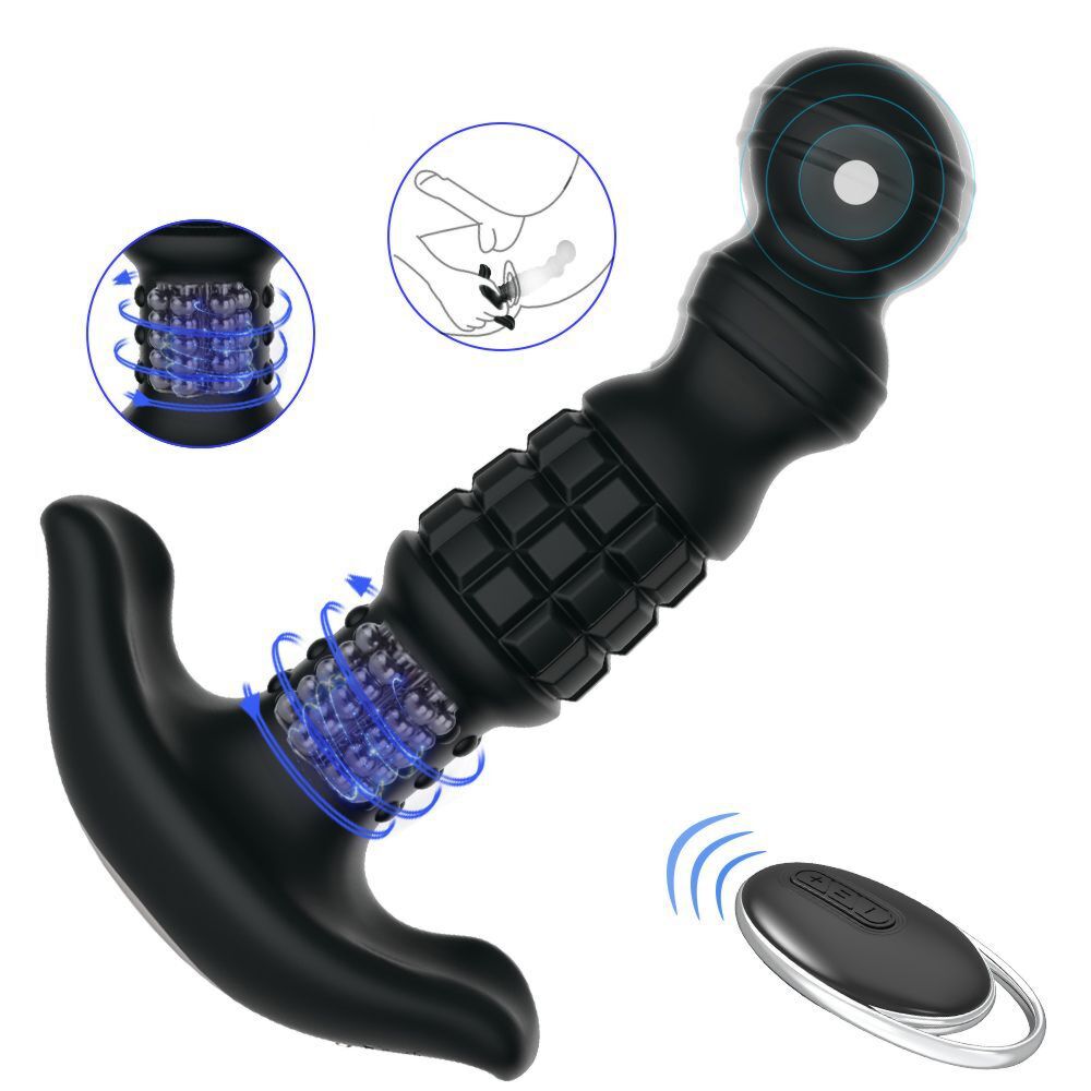Black rolling bead prostate massager with remote control.