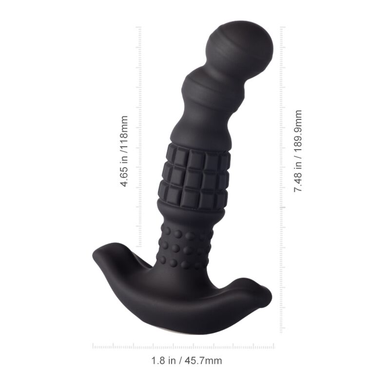Black silicone rolling bead prostate massager with curved head, flared base, and dimensions shown.
