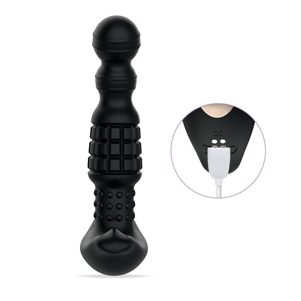 Black rolling bead prostate massager with charging cable.